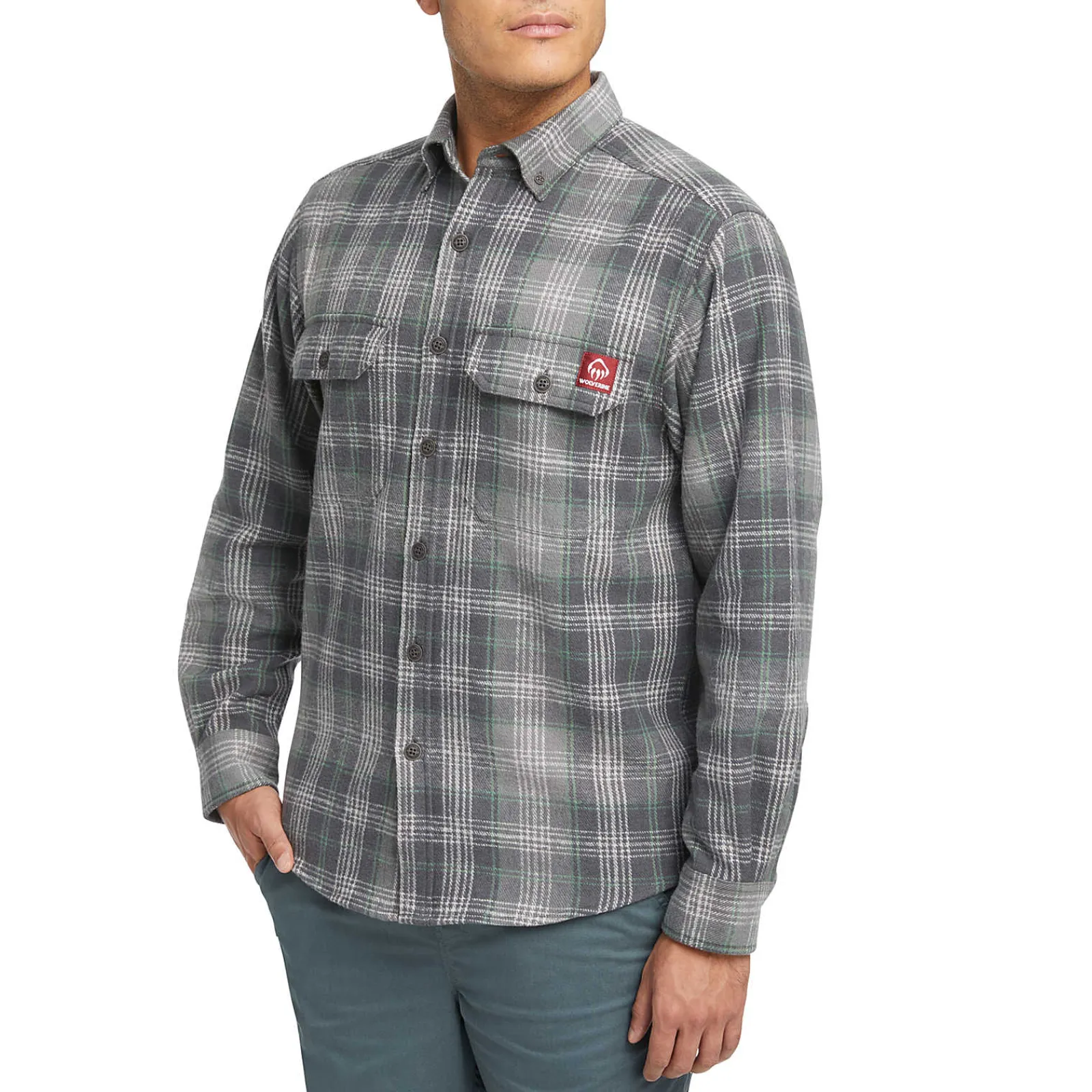 Wolverine Glacier Heavyweight Long Sleeve Flannel Shirt Greystone Plaid Clearance